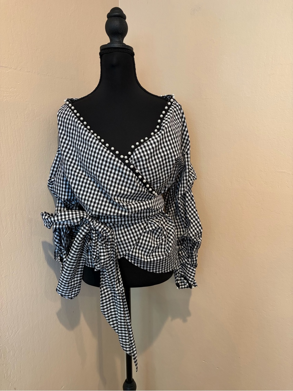 Zara Black & White Gingham Wrap Blouse w/ Faux Pearl Trim, Off the Shoulder, XS